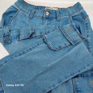 Lovegen Blue Cargo Jeans Light Wash Multi Pocket Toggle Hem Denim Mens Size 5/28